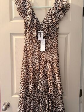 Wayf Leopard Print Ruffle Dress in Brown and Cream